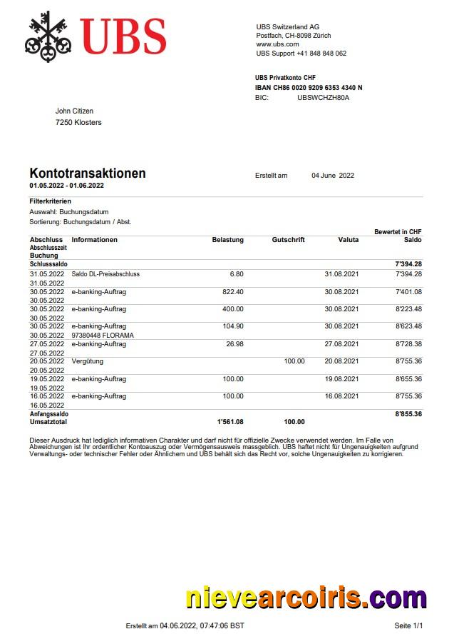 Switzerland UBS bank statement, Word and PDF